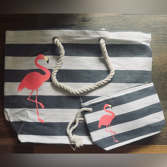 Handbags - Flamingo 🦩 Large Beach Tote Bag Nautical Rope Handles Zippered Accessory Bag
